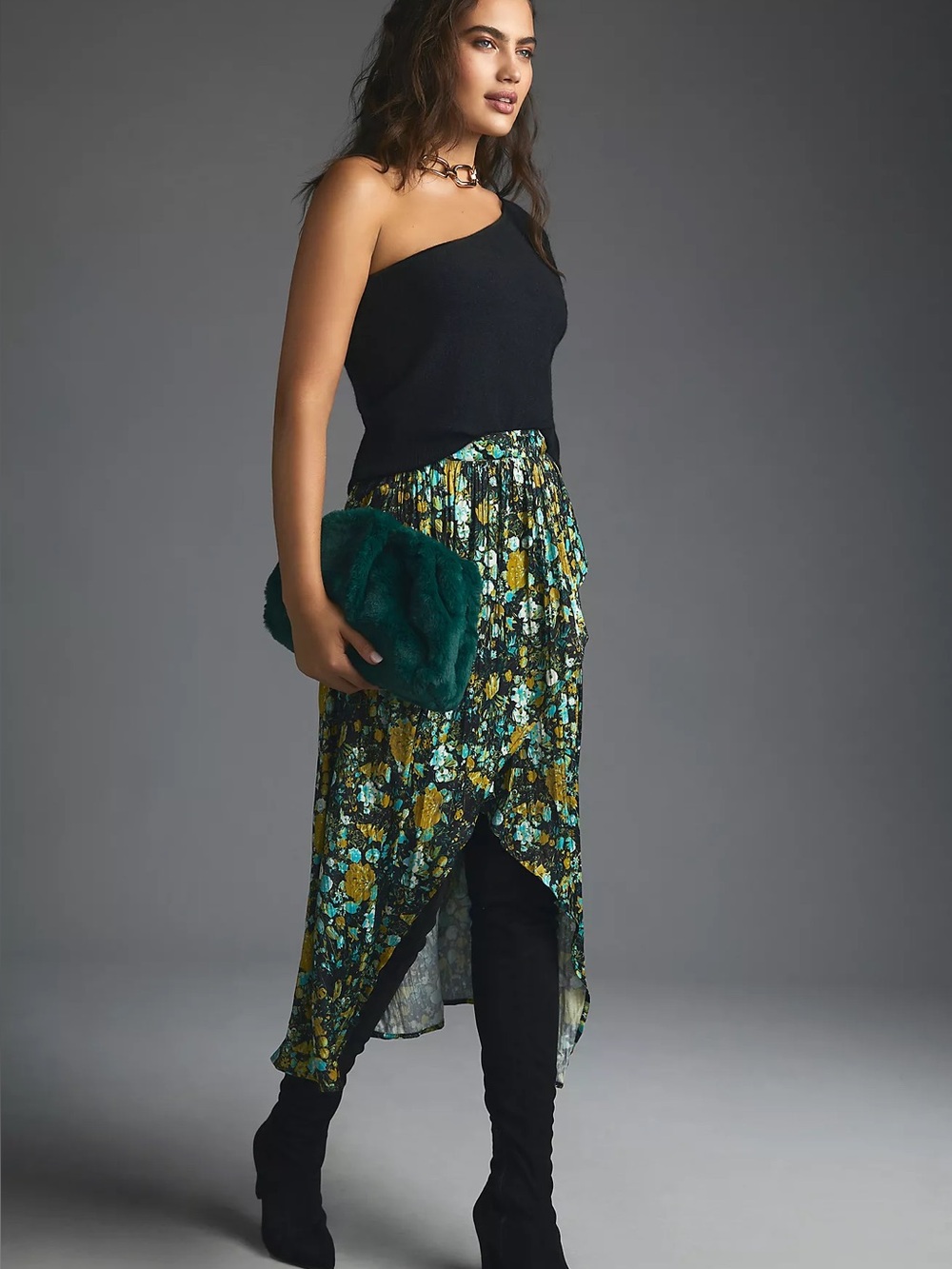 Maeve Anthropologie Layered Midi Skirt Green Floral High Low NWT Size Large